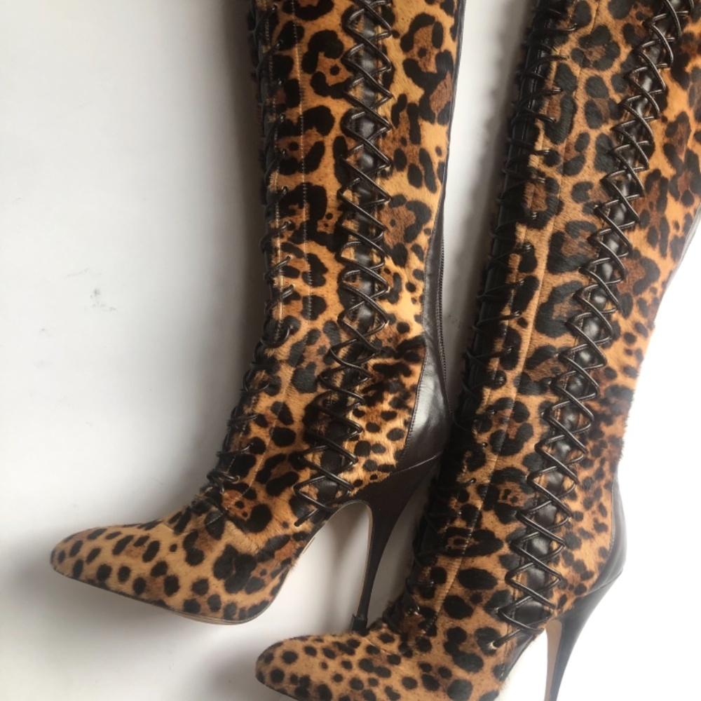 Brian Atwood Belle Cheetah Leapoard Leather CalfHair LaceUp Thigh Boots NEW 38 - Picture 8 of 11